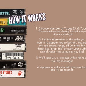 May include: A stack of eight vintage cassette tapes with various artist names and album titles, including "Smooth Criminal", "Rumours", "Flying Gravity", "Justin Timberlake", "Houston", "Bowie", and "The Rolling Stones". The text "HOW IT WORKS" is written in white letters on a black background and is positioned above the tapes. The text below the tapes describes how to order a custom cassette tape stack.