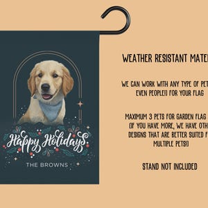 May include: A personalized garden flag featuring a Golden Retriever wearing a blue bandana. The flag has the text "Happy Holidays" and "The Browns" in a festive script. The flag is made of weather-resistant material.