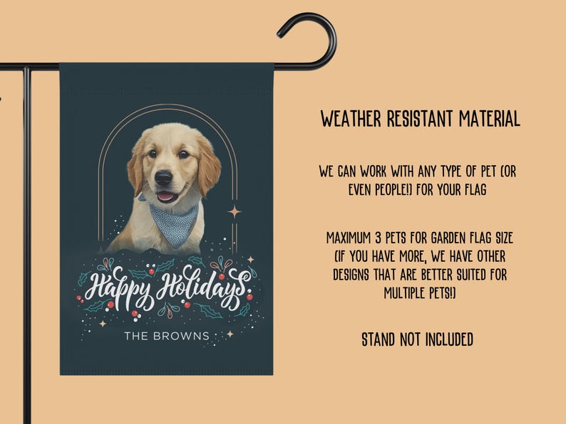 May include: A personalized garden flag featuring a Golden Retriever wearing a blue bandana. The flag has the text "Happy Holidays" and "The Browns" in a festive script. The flag is made of weather-resistant material.