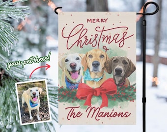 Custom Pet Photo Christmas Garden Flag - Red Bow Design