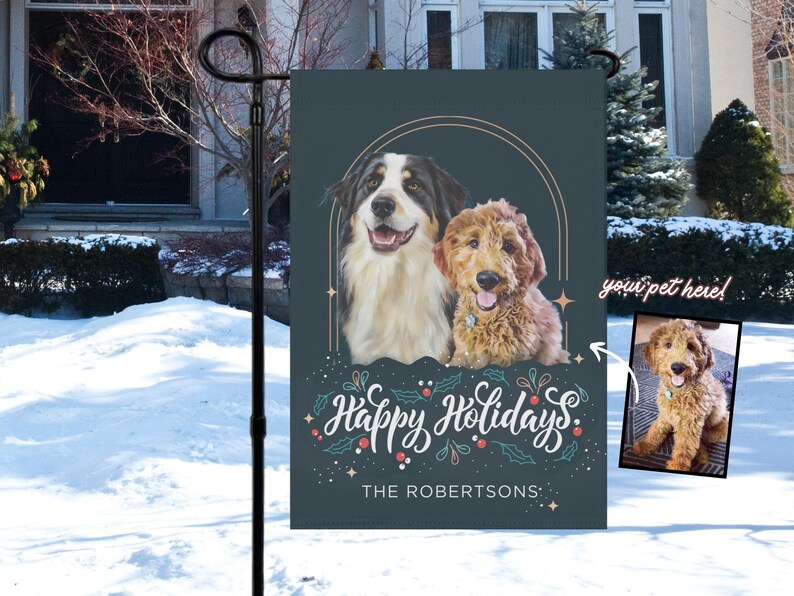 May include: A personalized teal garden flag featuring two dogs, a black and white Australian Shepherd and a golden doodle. The flag has the text "Happy Holidays" and "The Robertsons" in white script. A small photo of a golden doodle is in the corner.