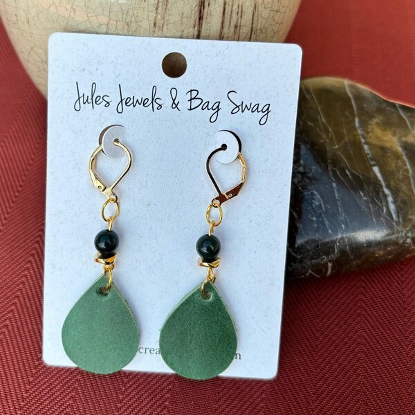 Handmade Green Leather Teardrop Earrings with Hypoallergenic Gold-Color Clasp, Upcycled Handmade Leather Jewelry