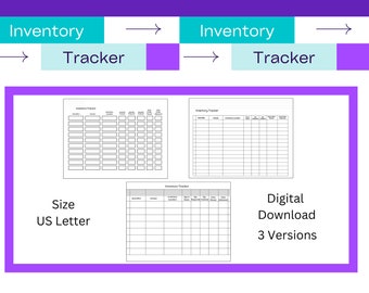 Könnte beinhalten: Drei druckbare Inventar-Tracker-Vorlagen im US-Letter-Format. Jede Vorlage hat ein anderes Layout für die Inventarverfolgung. Digitaler Download.