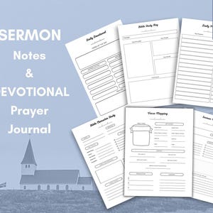 Può includere: Un diario di preghiera e devozione stampabile di 13 pagine con una chiesa sullo sfondo. Il diario include pagine per appunti sui sermoni, devozione quotidiana, studio dei personaggi biblici, mappatura dei versetti e diario di preghiera.