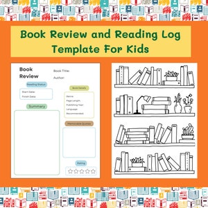 Book Review and Reading Log Template For Kids With Room For Top Quotes, Notes, and Coloring Page, 6 Pages - Instant Download