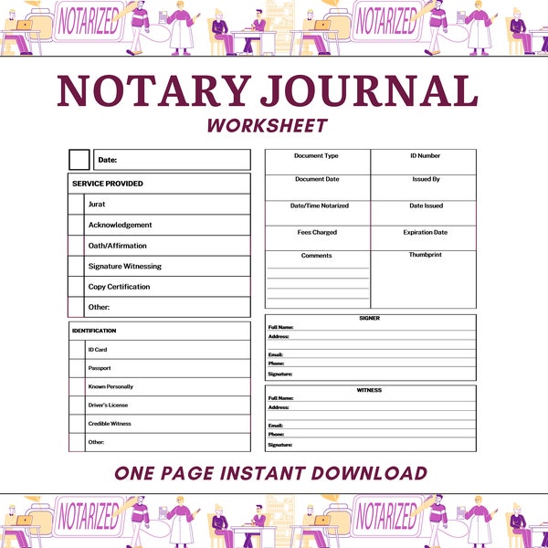 Notary Journal Worksheet for Record Keeping, Notary Log Book, Notary Public Record, Printable Notary Organizer, 1 Page, Instant Download