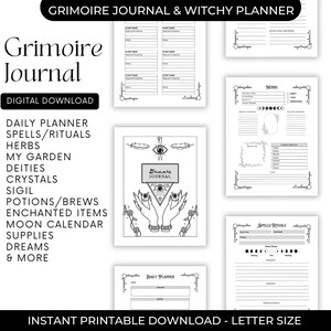 Puede incluir: Un diario de grimorio y un planificador de brujas imprimible con un diseño en blanco y negro. El diario incluye secciones para la planificación diaria, hechizos, rituales, hierbas, jardín, deidades, cristales, sigilos, pociones, objetos encantados, calendario lunar, suministros, sueños y más. El diario es de tamaño carta.