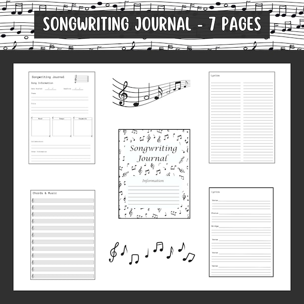 Basis songwritingdagboek, muzieknotitieboekje voor liedjes, dagboek van 8 pagina's voor creatieve songwritingideeën, direct digitaal downloaden