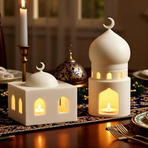 Peut inclure: Photophore en céramique blanche en forme de mosquée, surmonté d'un croissant de lune. Les photophores ont des fenêtres en arc et sont éclairés de l'intérieur. La scène comprend des bougies allumées, de la vaisselle et un chemin de table décoratif.