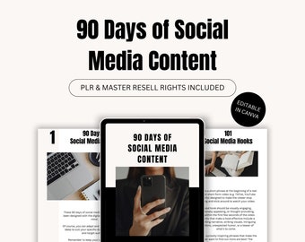 Puede incluir: Una maqueta de producto digital con un diseño en blanco y negro. El texto en la maqueta dice "90 días de contenido de redes sociales". El texto "PLR & Master Resell Rights Included" también está incluido en la maqueta. La maqueta está sobre un fondo blanco.