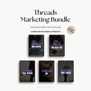 May include: A digital marketing bundle for Threads, featuring five digital products: Threads Unleashed, Threads The Real Tea, Threads That Reach, Threads 101, and Threads That Sales. The products are displayed on tablet screens with a black background and colorful text.