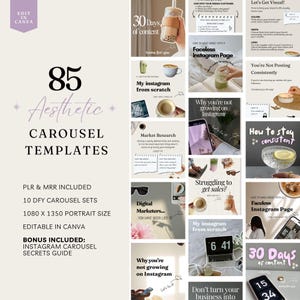 Peut inclure: Une ressource de marketing numérique avec 85 modèles de carrousel esthétiques pour Instagram. Les modèles sont modifiables dans Canva et incluent un guide bonus sur les secrets des carrousels Instagram. L'image présente une variété de modèles avec des designs et des textes différents, notamment "30 jours de contenu", "Mon Instagram à partir de zéro", "Pourquoi vous ne grandissez pas sur Instagram" et "Comment rester cohérent".