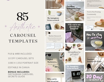 85 Aesthetic Instagram Carousel Template, Viral Social Media Templates, MRR PLR, Trendy TikTok Posts, Thread Post Carousel Digital Marketing