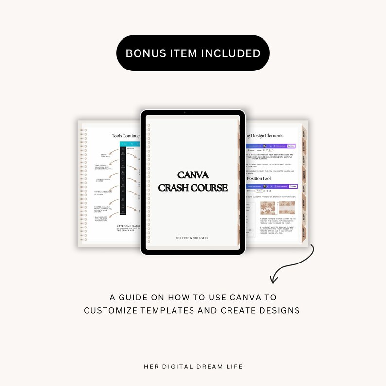 May include: A digital guide titled "Canva Crash Course" for free and pro users. The guide includes information on tools, design elements, and the position tool. The guide is a bonus item included with a purchase.