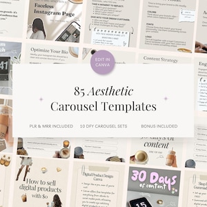 Puede incluir: Un collage de imágenes que promocionan 85 plantillas de carrusel estéticas para redes sociales. Las imágenes presentan una variedad de diseños, que incluyen superposiciones de texto, ilustraciones y fotos. El texto "85 plantillas de carrusel estéticas" aparece en una fuente grande en la parte superior del collage. El texto "PLR & MRR incluidos" y "10 conjuntos de carrusel DFY" también aparecen en el collage.