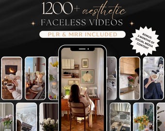 May include: A collage of nine images showcasing various aesthetic video clips. The central image features a woman sitting in a chair in a room with a wooden floor, a fireplace, and a window. The text "1200+ aesthetic FACELESS VIDEOS PLR & MRR INCLUDED" is displayed at the top of the collage.