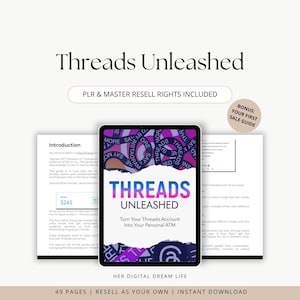 以下が含まれることがあります： ピンクとパープルのデザインのデジタル製品の表紙。表紙には「Threads Unleashed」と「Threadsアカウントをあなたの個人用ATMに変えましょう」というテキストが書かれています。表紙には「49ページ | あなた自身の物として転売 | 即時ダウンロード」というテキストも含まれています。