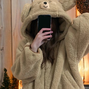 Hooded Bear Soft Pyjamas Set With Fluffy Pants,warm Fleece Lounge Wear ...