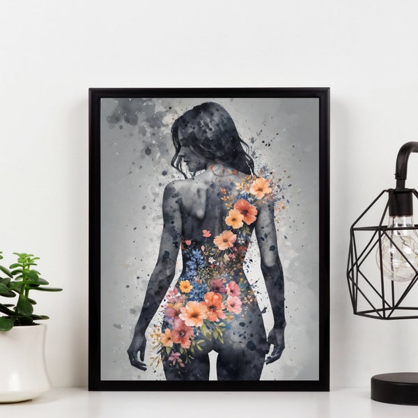 Elegant Female Silhouette with Floral Art - Watercolour Digital Print - Vibrant Abstract Flower Design - A5, A4, 8x10, 11x14