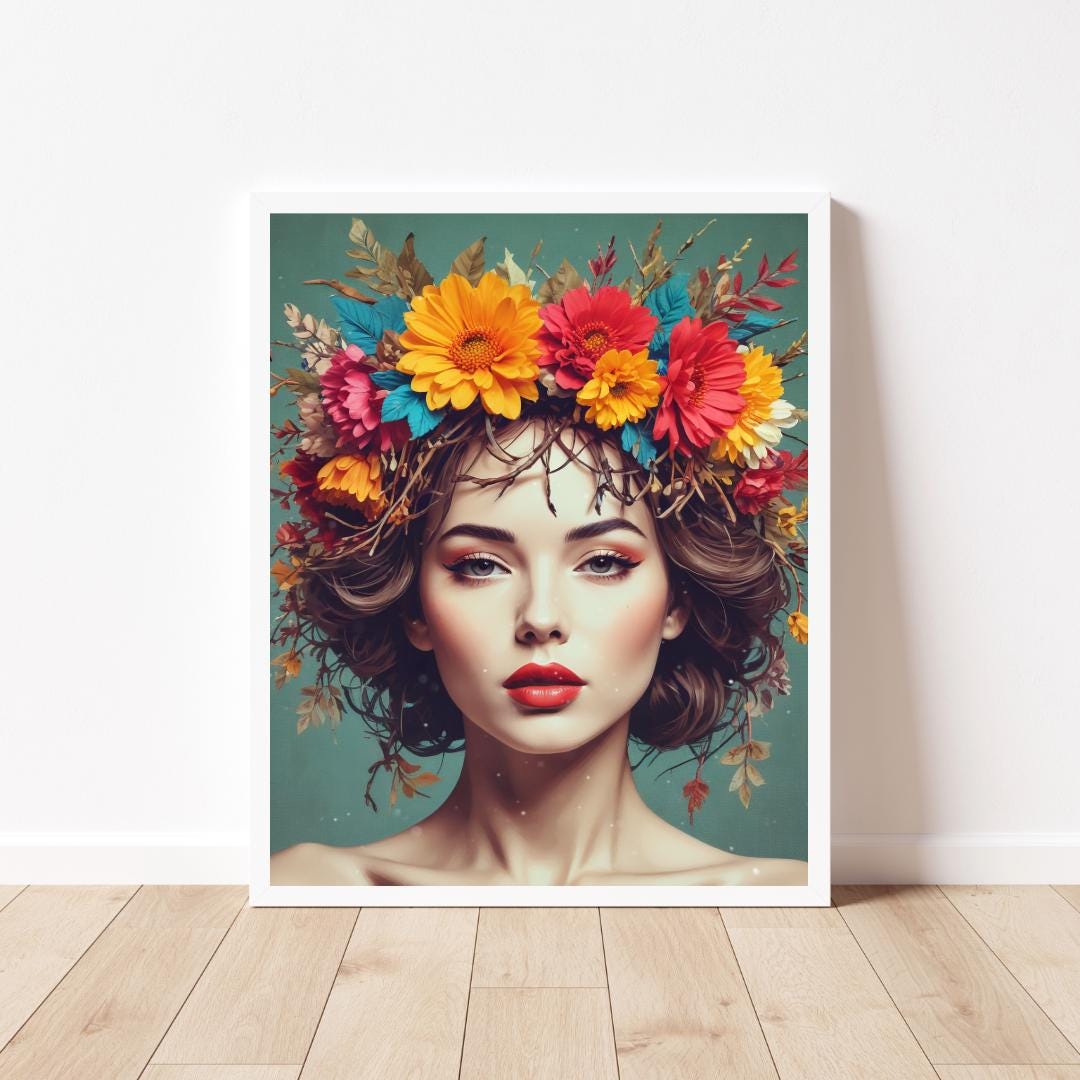 Boho Floral Woman Digital Art Print Spring Flowers Portrait Nature ...
