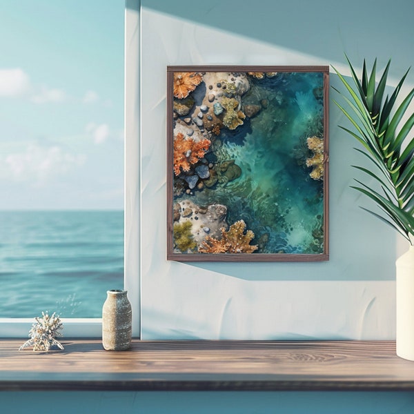 Ocean Floor Ecosystem Art Print - Coral Reef Aerial View - Marine Life Digital Download - Nature Underwater Décor - A5, A4, 8x10, 11x14