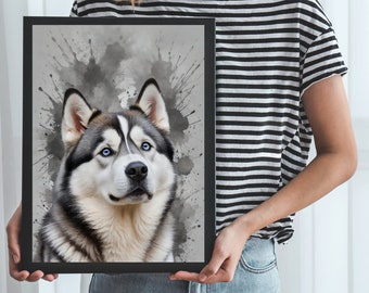 Striking Siberian Husky with Blue Eyes - Fine Art Print - Grey Wall Art - Watercolour Splatter -  Modern Home Décor - A5, A4, 8x10, 11x14