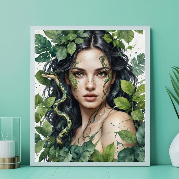 Enchanted Forest Nymph - Fine Art Print of a Woman with Snake and Green Foliage - Mystical Nature Portrait - A5, A4, 8x10, 11x14 - Digital