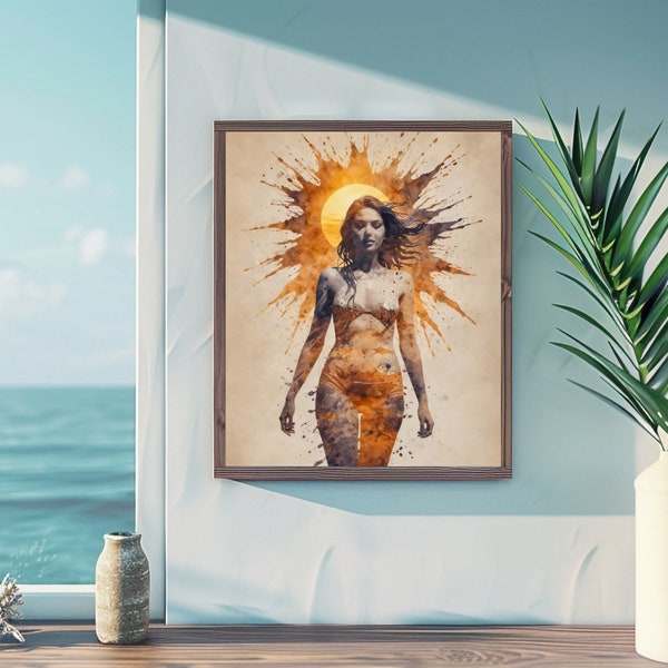 Sun Goddess Watercolour Art Print - Abstract Female Silhouette with Sunburst - Modern Home Décor - Printable Wall Art - A5, A4, 8x10, 11x14