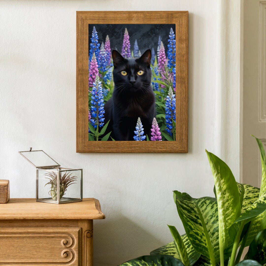 Black Cat With Flowers Digital Art Print Unique Floral Cat Wall Art for ...