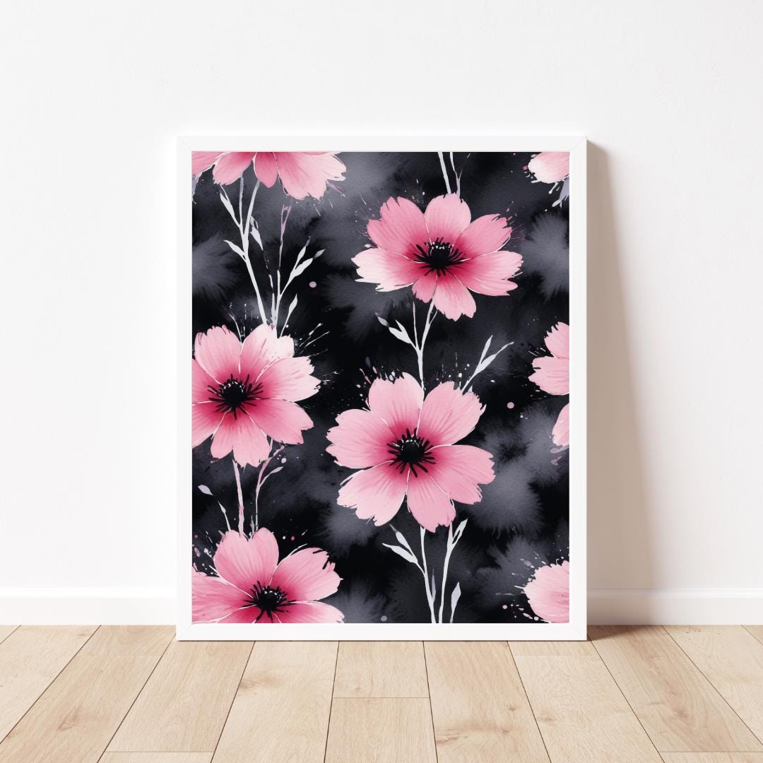 Pink Floral Watercolour Art Print Elegant Blossom Design Black and Pink ...
