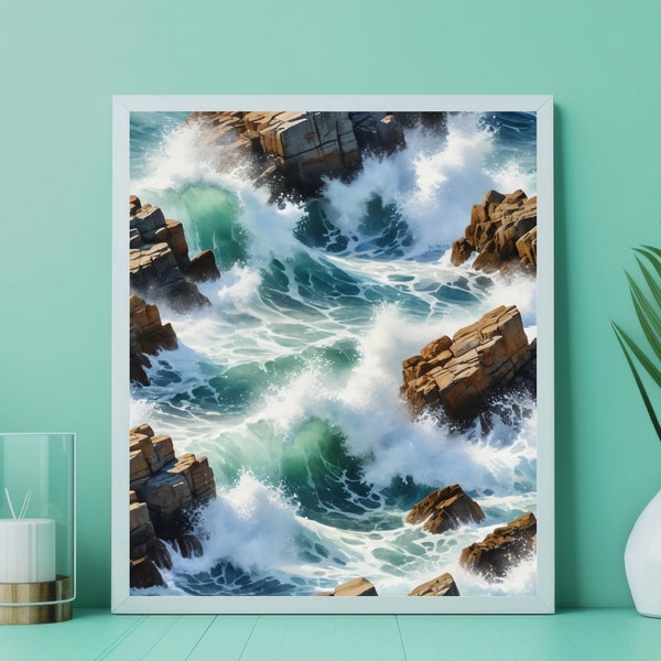 Crashing Waves on Rocky Shore - Coastal Home Accent - Ocean Art Print - High Resolution Digital Print - A5, A4, 8x10, 11x14