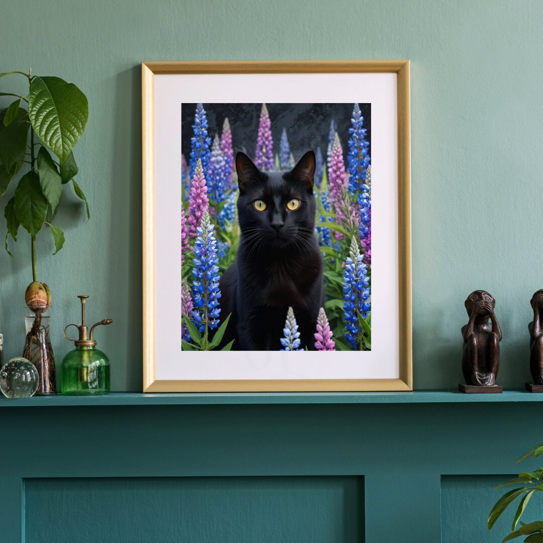 Black Cat With Flowers Digital Art Print Unique Floral Cat Wall Art for ...