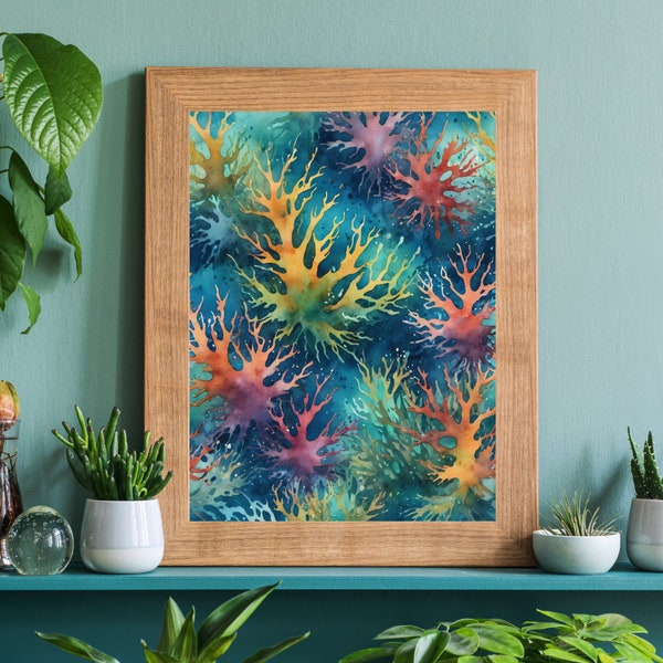 Colourful Coral Cluster Watercolour Art Print - Abstract Ocean Life Digital Download - Marine Ecosystem Décor - A5, A4, 8x10, 11x14