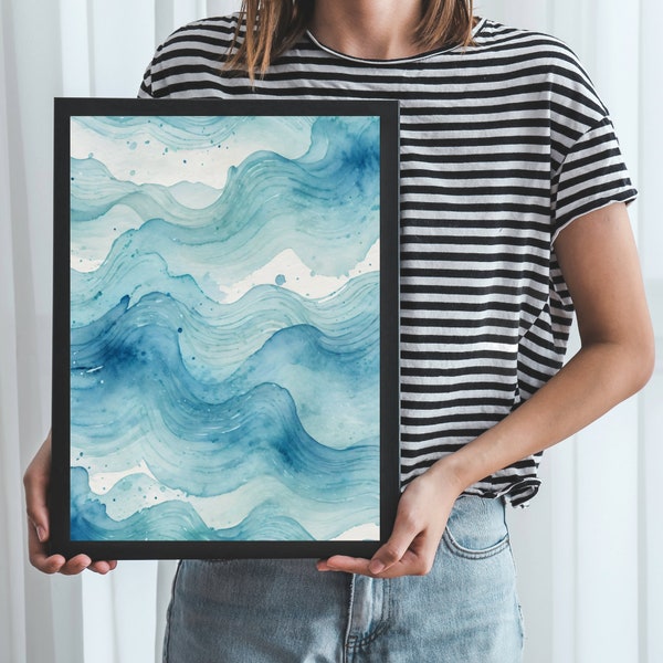Soothing Waves - Digital Watercolour Ocean Art - Blue Sea Waves Wall Décor - Abstract Coastal Artwork - Art Gift - A5, A4, 8x10, 11x14
