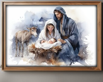 Aquarelprint van de geboorte van Christus: vintage christelijke muurkunst