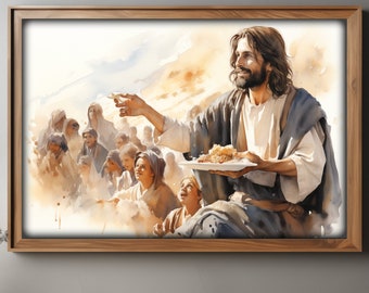 Jezus voedt de menigte poster, christelijke gicleeprint, woondecoratie