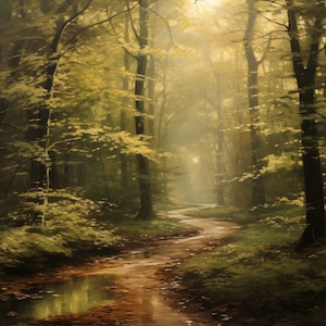 May include: A winding path through a lush green forest with dappled sunlight filtering through the trees. The path leads to a clearing in the distance, where the light is brighter. The forest floor is covered in fallen leaves and ferns.