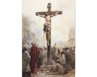 Canvasafdruk kruisiging: Jezus Christus, vintage aquarel christelijke kunst