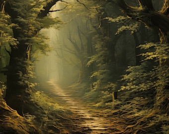 Misty Forest Path Art Print: begroeid fantasielandschap (digitale download)