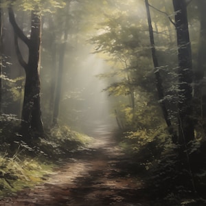 Op de afbeelding: Een pad slingert door een mistig bos, zonlicht filtert door de bomen. Het pad is omzoomd met weelderig groen en de lucht is dik met mist.