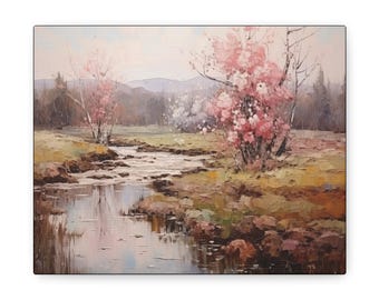 Canvasafdruk kersenbloesem: vintage lente landschapskunst