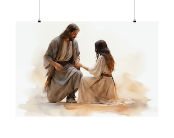 Jezus geneest-poster: vintage aquarel gicléeprint