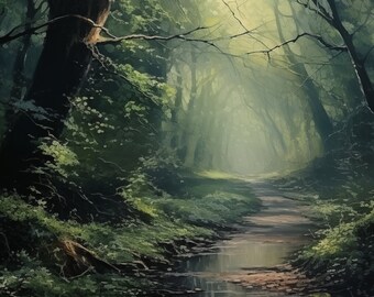 Misty Forest Path Art Print: fantasielandschap (digitale download)