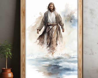 Poster Jezus loopt op het water: christelijke aquarel gicleeprint