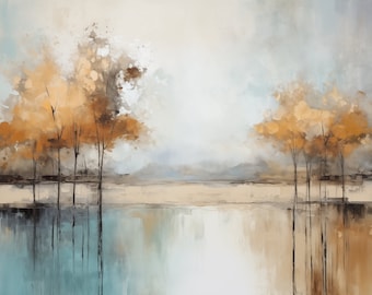 Abstracte landschapskunst met gouden bomen: modern rustiek decor (digitale download)