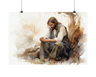 Poster Jezus bidt: vintage aquarel christelijke muurkunst