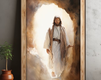 Hij is verrezen! Jezus verlaat graf, vintage aquarelkunstdruk