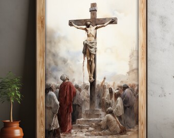 Jezus kruisiging print: vintage aquarel christelijke muurkunst
