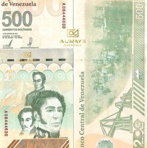 May include: A 500 Bolivar banknote from Venezuela featuring a portrait of Simon Bolivar, a Venezuelan military and political leader, and a bridge. The banknote is green and brown with the text "República Bolivariana de Venezuela" and "Banco Central de Venezuela".