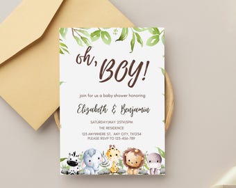 Safari Baby Shower Invitation, Digital Baby Shower Invitation, Jungle Animals Theme, Editable Oh Boy Baby Shower, Baby Safari Animals